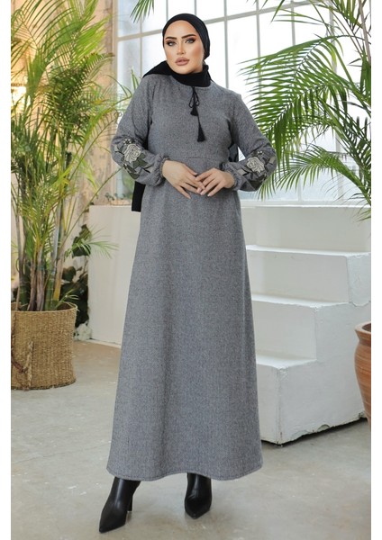 Kolları Işlemeli Tesettür Elbise 755 - Gri fırsatları