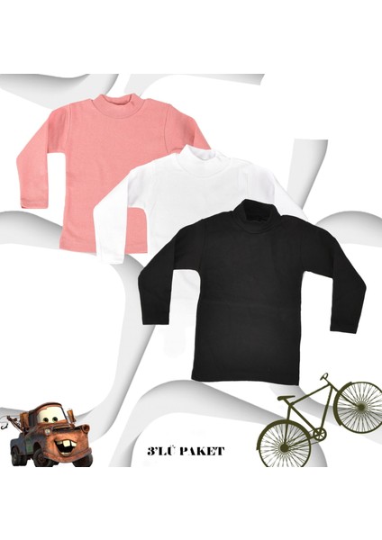 Body 3 Lü Paket Unisex Pamuklu Ligralı Yarım Balıkçı Yaka Çocuk Body