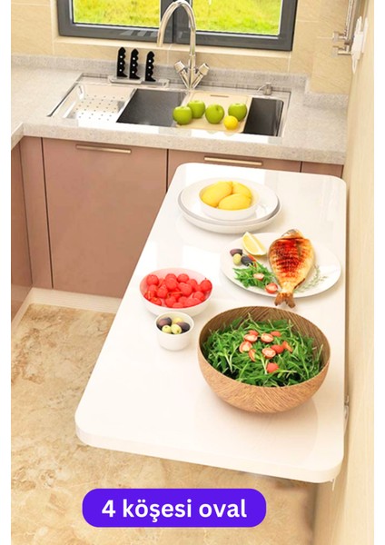60X90 cm 4 Köşesi Oval Parlak Beyaz Duvara Monte Kırma Katlanır Mutfak Masası