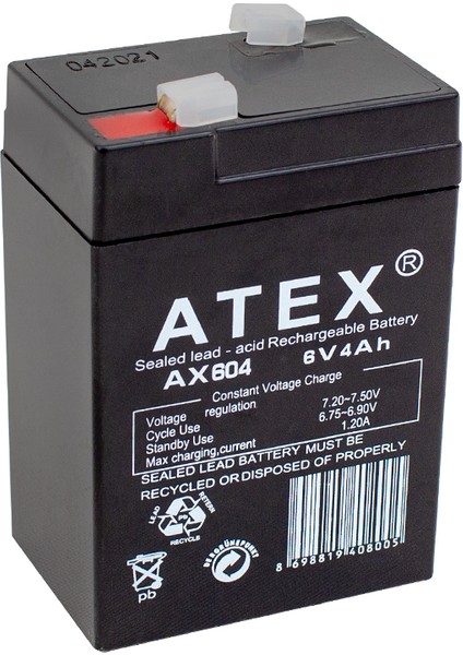 Atex 6 Volt 4 Ah Işıldak Aküsü 70X48X101 mm AX-604