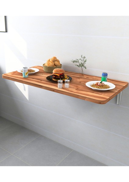 60X90 cm 4 Köşesi Oval Zeytin Ahşap Desenli Duvara Monte Kırma Katlanır Mutfak Masası