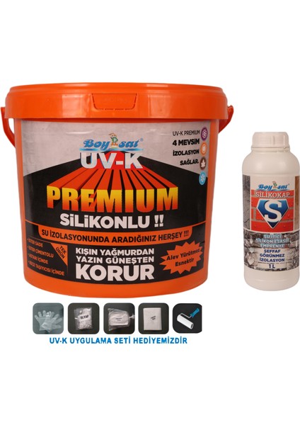 Avantajlı Yalıtım Paketi Uv-K Premium Silikonlu 15KG Yalıtım Boyası ve Silikokap Şeffaf Yalıtım 1lt