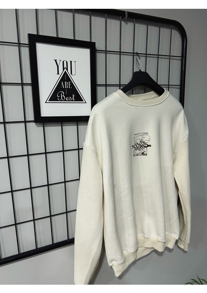 Baskılı Ekru Unisex Sweatshirt