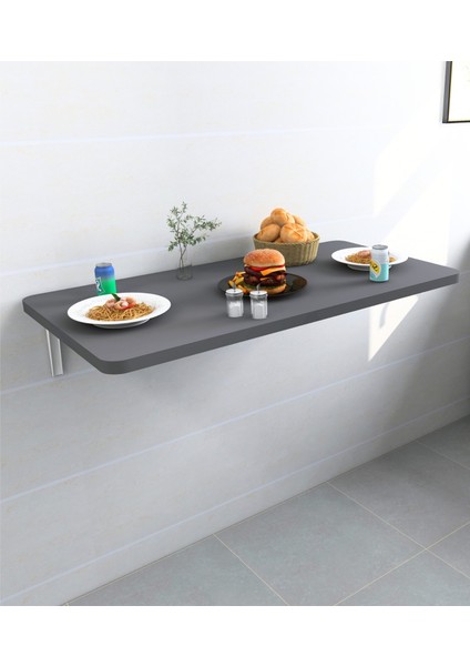 60X90 cm 4 Köşesi Oval Antrasit Renk Duvara Monte Kırma Katlanır Mutfak Masası