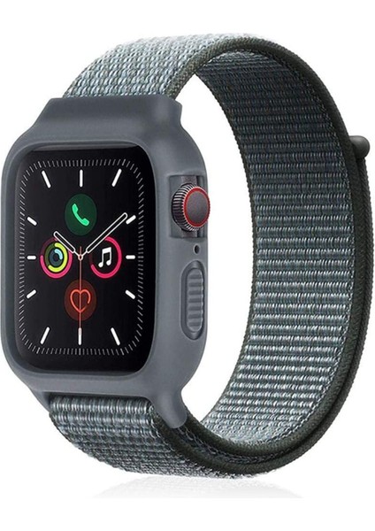 Apple Watch 44MM Hasırlı Cırtcırtlı Kasalı Kordon - Gri-Turkuaz 277097