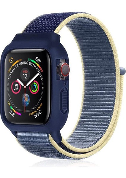 Apple Watch 42MM Hasırlı Cırtcırtlı Kasalı Kordon - Sarı-Lacivert 277097