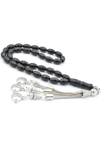 Gümüş Kaplama Püsküllü Arpa Kesim Oltu Taşı Tesbih