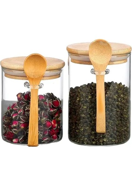 2'li Bambu Kapaklı Kaşıklı Cam Baharat Seti 450 Ml- 550 ml fiyatları