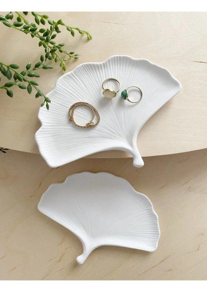Ginko Yaprak Görünümlü Dekoratif Tabak | Beyaz