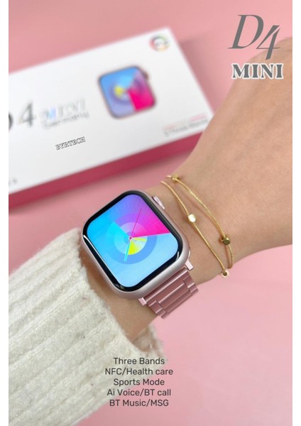 D4 Mini Amoled Ekran Silikon + Metal Kordonlu Bileklik Hediyeli 41 mm Watch 9 Mini Akıllı Saat