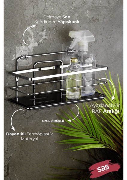 Sas Haus Yapışkanlı Ömür Boyu Paslanmaz Kristal Ayarlanabilir Raf Banyo Düzenleyici Şampuanlık 2 Adet Krom - Siyah Lş-01 Ks