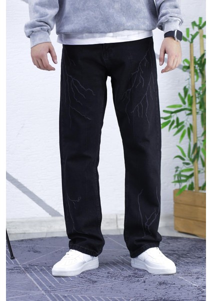 Erkek Siyah Baggy Yıldırım Desenli Bol Kesim Kot Pantolon fiyatları