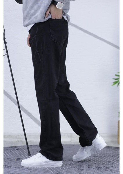 Erkek Siyah Baggy Yıldırım Desenli Bol Kesim Kot Pantolon modelleri