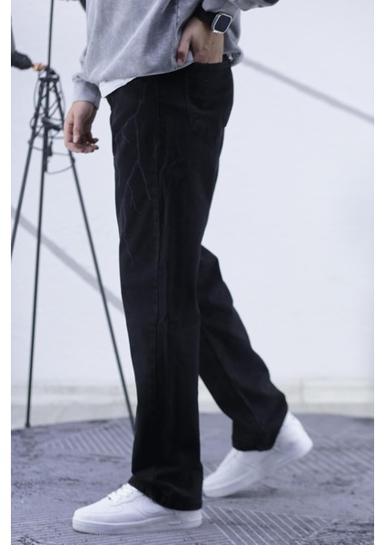 Erkek Siyah Baggy Yıldırım Desenli Bol Kesim Kot Pantolon fırsatları