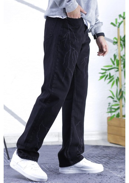 Erkek Siyah Baggy Yıldırım Desenli Bol Kesim Kot Pantolon indirimleri