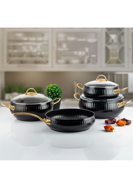 TS-0002 Granit Kaplama Gold Kulp Güveç Seti - Cam Kapaklı Tencere Takımı - 7 Parça Siyah