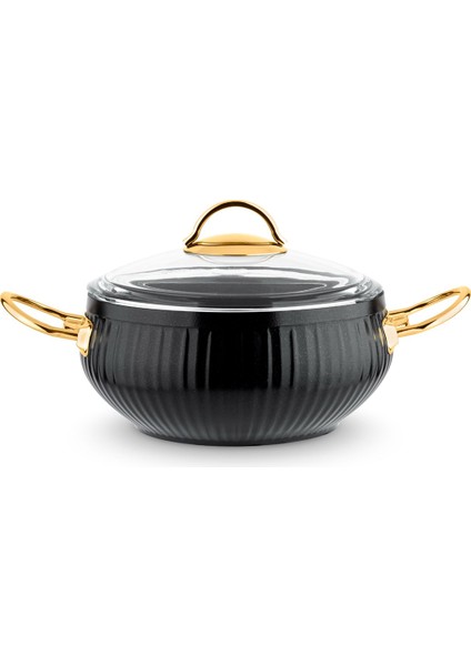 TS-0002 Granit Kaplama Gold Kulp Güveç Seti - Cam Kapaklı Tencere Takımı - 7 Parça Siyah