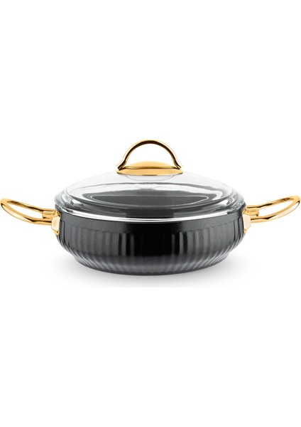 TS-0002 Granit Kaplama Gold Kulp Güveç Seti - Cam Kapaklı Tencere Takımı - 7 Parça Siyah