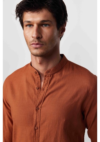 Slim Fit Dar Kalıp Uzun Kol Hakim Yaka Pamuklu Keten Efekt Kiremit Gömlek