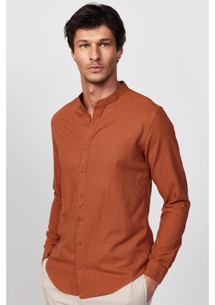 Slim Fit Dar Kalıp Uzun Kol Hakim Yaka Pamuklu Keten Efekt Kiremit Gömlek fiyatları
