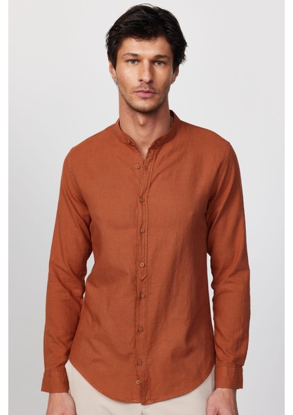 Slim Fit Dar Kalıp Uzun Kol Hakim Yaka Pamuklu Keten Efekt Kiremit Gömlek fırsatları