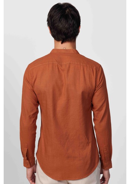 Slim Fit Dar Kalıp Uzun Kol Hakim Yaka Pamuklu Keten Efekt Kiremit Gömlek indirimleri
