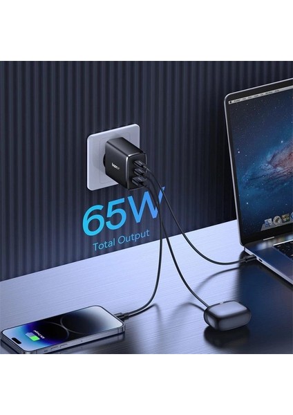 Mega Hızlı 65W 2x Type C ve 1x USB Girişli Şarj Başlığı Adaptörü, Akım ve Isı Korumalı Şarj