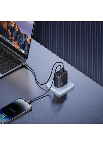 Mega Hızlı 65W 2x Type C ve 1x USB Girişli Şarj Başlığı Adaptörü, Akım ve Isı Korumalı Şarj