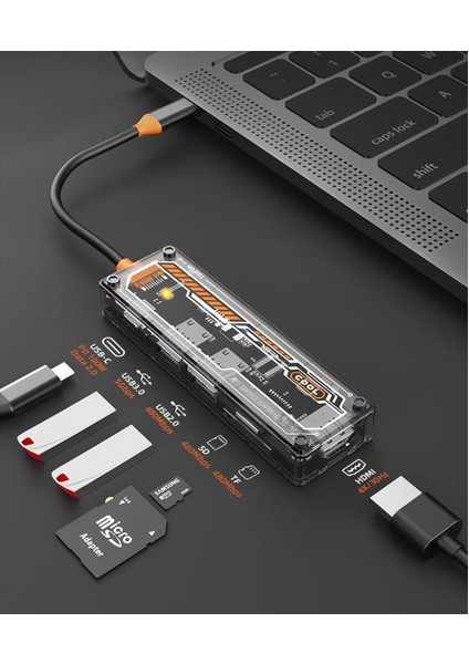 100W 6in1 Type C Çevirici Çoğaltıcı Adaptör Hub, 2x Usb, 1x Pd Type C, 1x 4K Hdmı, 1x Sd-Tf