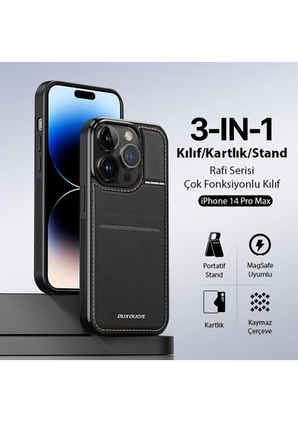 Premium Deri 3in1 Magsafe Apple iPhone 14 Pro Max Kılıf Kartlık Telefon Standı Cüzdanlı Kılıf