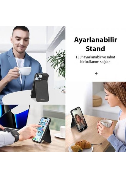 Premium Deri 3in1 Magsafe Apple iPhone 15 Plus Kılıf Kartlık Telefon Stand Apple iPhone 15 Plus Cüzdan Kılıf