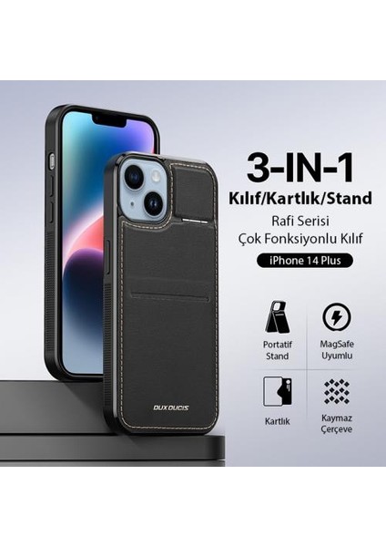 Premium Deri 3in1 Magsafe Uyumlu Apple iPhone 14 Plus Kılıf Kartlık Telefon Standı Cüzdanlı Kılıf