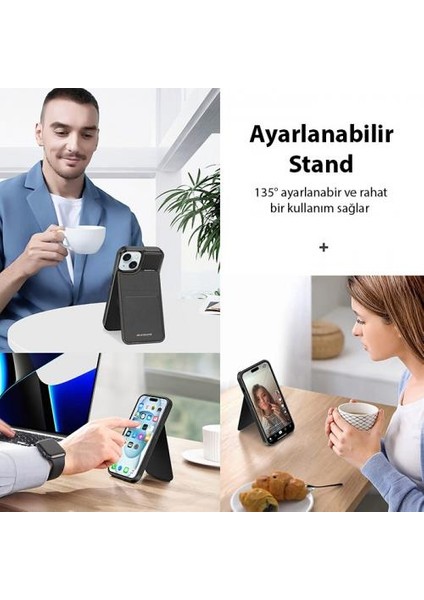 Premium Deri 3in1 Magsafe Uyumlu Apple iPhone 14 Plus Kılıf Kartlık Telefon Standı Cüzdanlı Kılıf