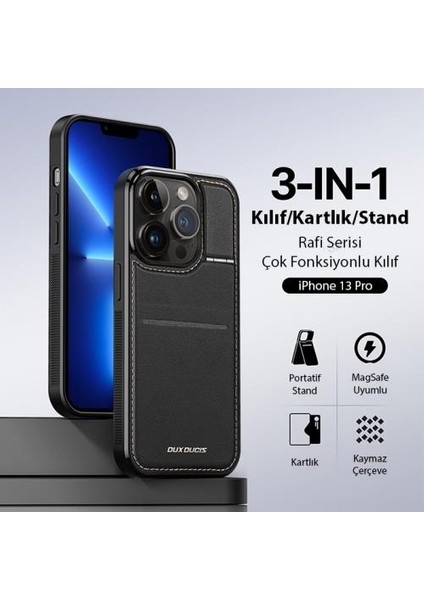 Premium Deri 3in1 Magsafe Uyumlu Apple iPhone 13 Pro Kılıf Kartlık Telefon Standı Cüzdanlı Kılıf