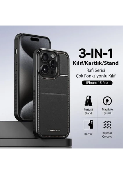 Premium Deri 3in1 Magsafe Apple iPhone 15 Pro Kılıf Kartlık Telefon Stand Apple iPhone 15 Pro Cüzdan Kılıf