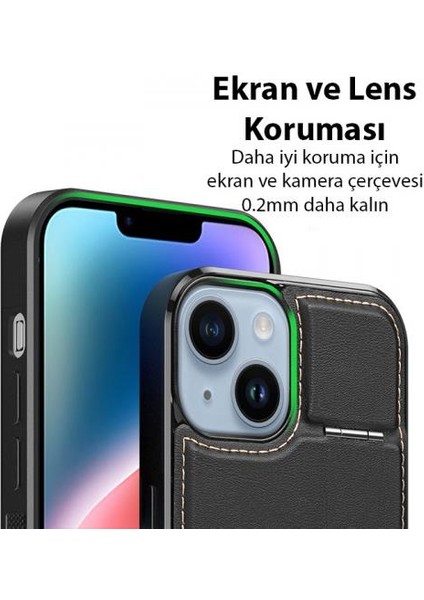 Premium Deri 3in1 Magsafe Apple iPhone 13 Kılıf Apple iPhone 14 Kılıf Kartlık Telefon Standı Cüzdanlı Kılıf