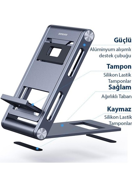 Alüminyum Yükseklik Ayarlı Katlanabilir Masaüstü Telefon Tutucu Telefon Standı Kaymaz Taban