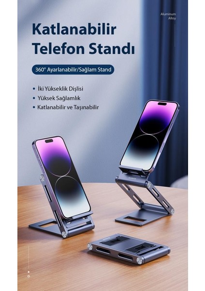 Alüminyum Yükseklik Ayarlı Katlanabilir Masaüstü Telefon Tutucu Telefon Standı Kaymaz Taban