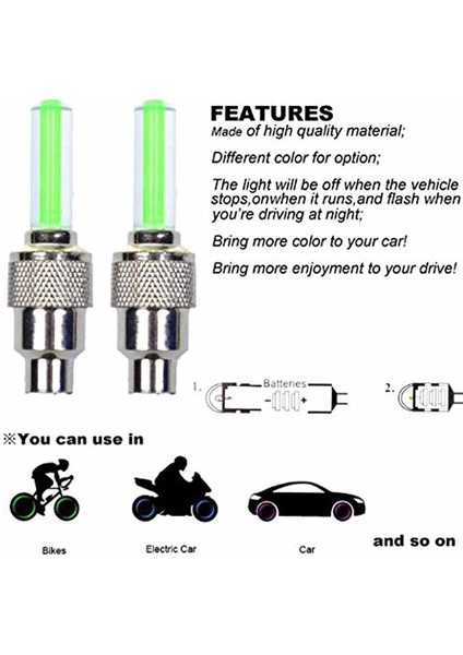 Yeşil Stil Et LED Flaş Lastik Tekerlek Valf Kapağı Tekerlek Araba Bisiklet Bisiklet Için Işık Konuşur Motosiklet Motosiklet Tekerlek Işık Lastik Yok Pil (Yurt Dışından)