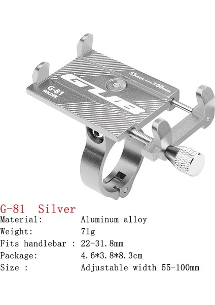 G81 Gümüş Stili Gub Alüminyum Bisiklet Telefon Tutucu Ayarlanabilir Bisiklet Tutucu 3.5 Ila 7 Ione 360 ​​° Dönebilen Scooter Motosiklet Montaj Desteği (Yurt Dışından)