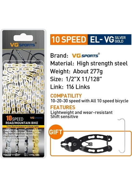 10S El Altın Gümüş Tarzı Vg Sports Hız Bisiklet Zinciri Velocidade Titanyum Gökkuşağı Altın Gümüş Dağ Yol Bisikleti Mtb Zincirleri Bölüm 116 Bağlantılar (Yurt Dışından)