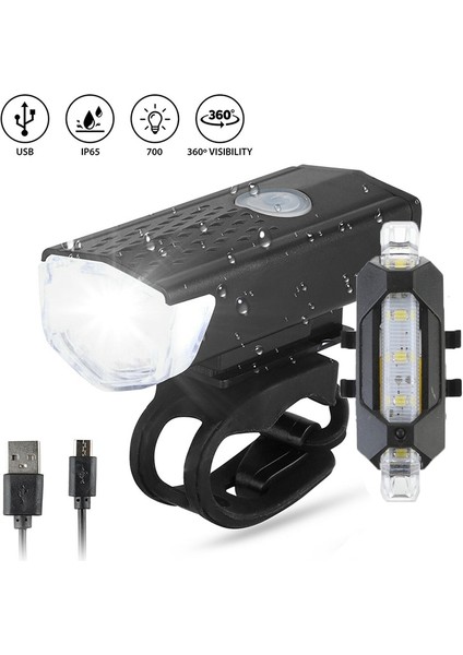 Set-Beyaz Arka Işık Stili USB Şarj Edilebilir Bisiklet Işık Mtb Bisiklet Ön Arka Arka Arka Lamba Bisiklet Güvenlik Uyarı Işığı Su Geçirmez Bisiklet Lambası El Feneri (Yurt Dışından)