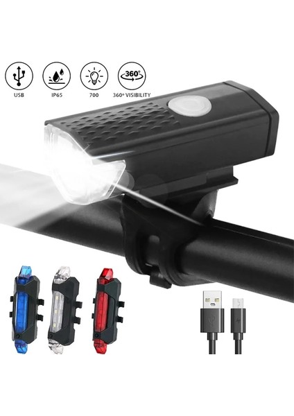 Beyaz Far Stili USB Şarj Edilebilir Bisiklet Işık LED Dağ Bisikleti Ön Işık Arka Arka Lamba Su Geçirmez El Feneri Bisiklet Far Uyarı Lambası (Yurt Dışından)