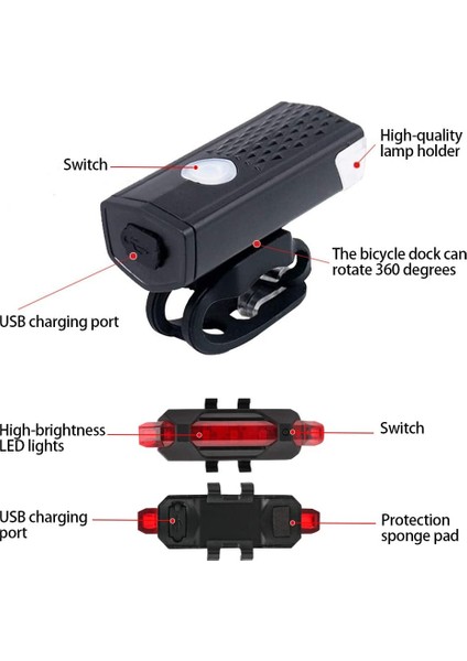 Beyaz Far Stili USB Şarj Edilebilir Bisiklet Işık LED Dağ Bisikleti Ön Işık Arka Arka Lamba Su Geçirmez El Feneri Bisiklet Far Uyarı Lambası (Yurt Dışından)