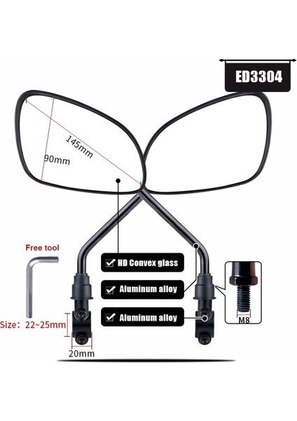 ED3304 Bir Set Stili Easydo Bisiklet Gidon Reflektör Dikiz Aynası Dağ Bisikleti Elektrikli Bisiklet Scooter Hd Geniş Menzilli Ayarlanabilir Açı Aynası (Yurt Dışından)