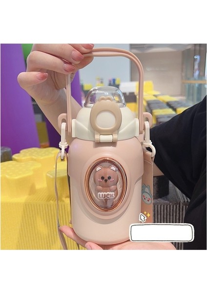 Paslanmaz Çelik Termos Bardak Sevimli Crossbody Taşınabilir Hediye Pipetli Bardak (Yurt Dışından)