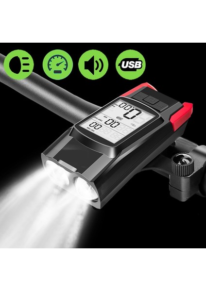 Siyah Stil Bisiklet Bilgisayarı El Feneri Bisiklet Kornası USB Far Binme Lam Dağ Işığı 6 Modlu Alarm Kornası ile LED Far (Yurt Dışından)