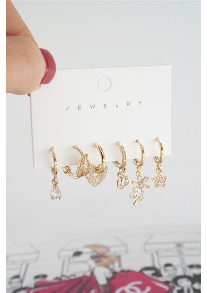 Kadın Vip Seri Baget Zirkon Taşlı 6'lı Küpe Seti