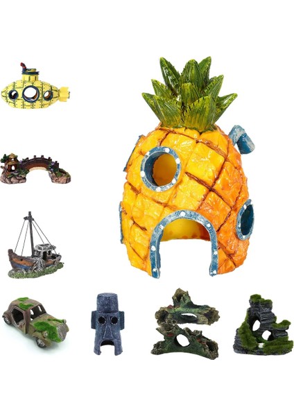 No.9 Tarzı Yapay Reçine Balık Mağarası Gizleme Tankı Süs Akvaryum Peyzaj Dekor Mini Ağaç Adam Modeli Tekne Evi Köprü Tankı Dekor Için (Yurt Dışından) fiyatları