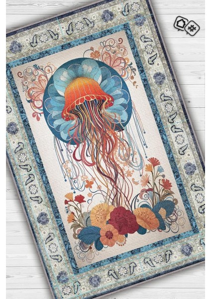 Nuh'un Gemisi Koleksiyonu Deniz Anası Çiçek Desenli Temalı Vintage Renkli Maksimalist Halı